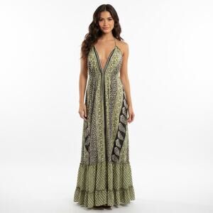 Karma Highway Deep Plunge V Neck Halter Maxi Dress Boho Resort Tassel Green OS